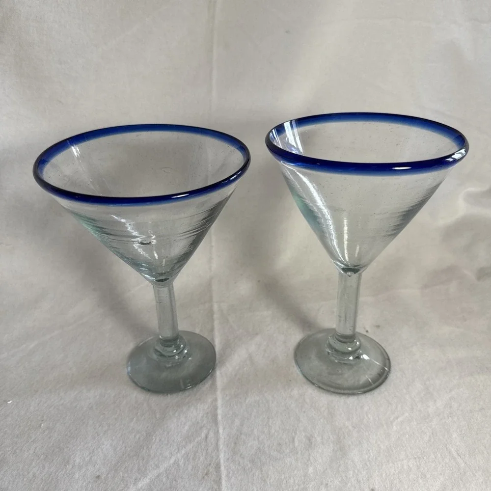 2 Tall Mexican Style Martini Margarita Glass Cobalt Blue Rim Handmade Glass